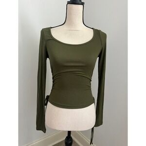 Olive Green Ribbed Long Sleeve Tee Small Ruched Side Super Soft Basic Everyday